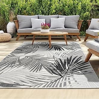 homeart Outdoor Rug - Easy-Clean, Durable, Stain-Resistant, Weather & UV Resistant Indoor & Outdoor Rugs for Porch, Deck, Balcony, Garden, Picnic and Patio | Palm Black, Grey - 140x200cm