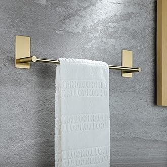 Taozun Gold Towel Bar - Self Adhesive Towel Holder + 2 Packs Towel Hooks Bathroom Accessories, 16-Inch Towel Rack for Bathroom Stainless Steel Brushed Brass