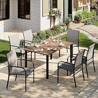 MIXPATIO Patio Table and Chairs Set, Outdoor Dining Set for 6 with Brown Chairs and Teak Color Tabletop Outdoor Dining Table, 7-Piece Patio Furniture Set for Deck Backyard Lawn