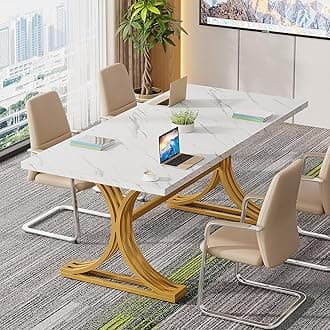 Tribesigns 5FT Conference Table for 4 to 6, 160cm W x 80cm D Modern Meeting Table with Faux Marble Tabletop, White and Gold Business Seminar Tables for Home Office (Faux Marble White+Gold)