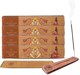 Divine Soul Premium Fragrance Long-Lasting Aroma Therapy Charcoal Free Incense Sticks Non-Allergic 180 Handmade Agarbatti for Pooja n Meditation with Burner Stand_Pack of 4
