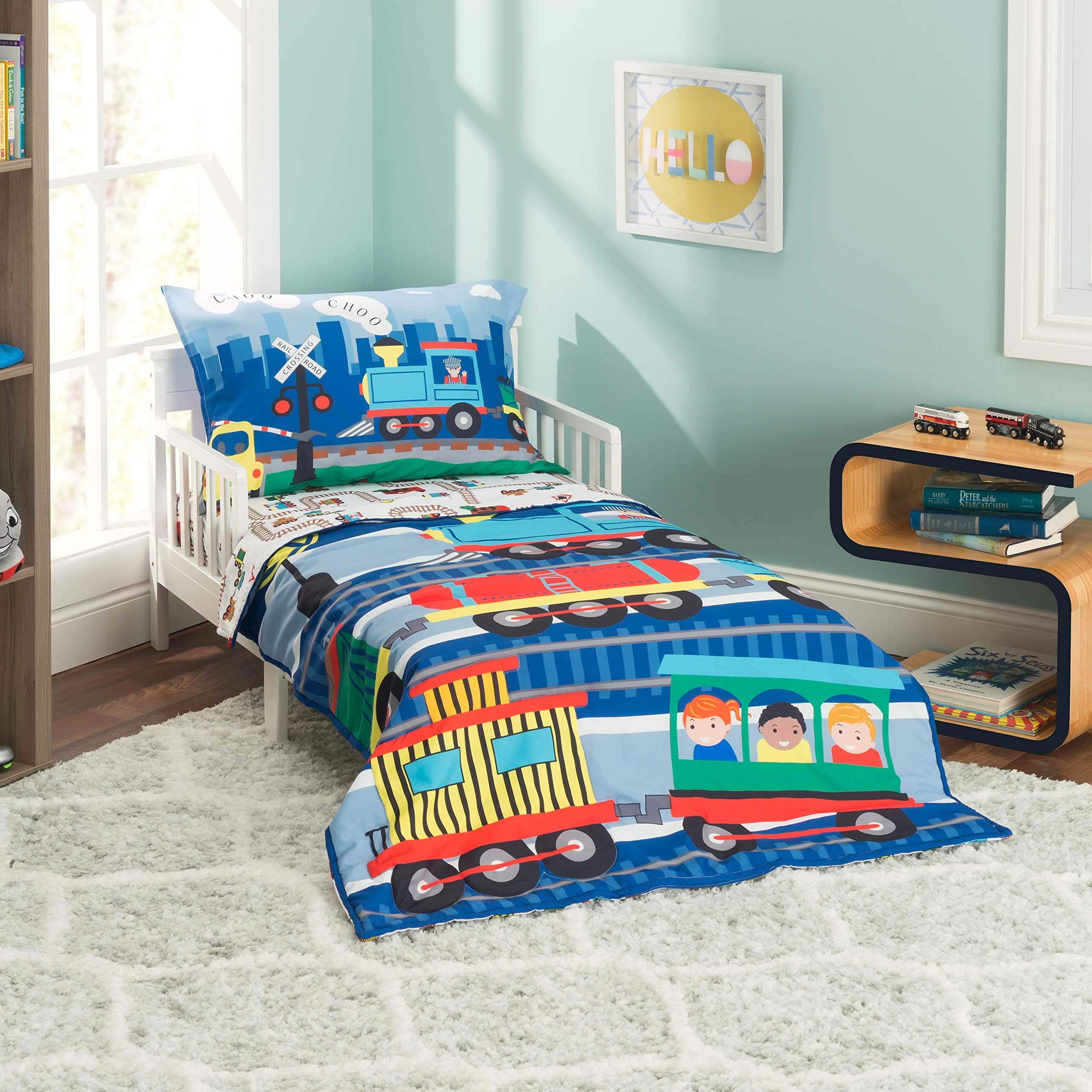 4 Piece Toddler Bedding Set -Choo Choo Train- Includes Comforter, Flat Sheet, Fitted Sheet and Reversible Pillowcase