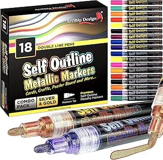ArtShip Design 18 Gold & Silver Self Outline Metallic Shimmer Paint Pen Combo Pack Extra Large Barrels Permanent Double Line Markers Journal Pens, Scrap Booking, Cards, DIY Crafts, Posters, Cards