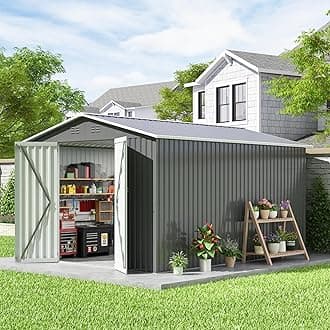 10 x 12 FT Outdoor Storage Shed, Large Metal Tool Sheds with Updated Frame Structure and Lockable Doors, Garden Shed for Backyard Garden Patio Lawn, Grey