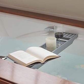 Vencier Bamboo Wood Bath Tub Rack Bathroom Shelf Tidy Tray Storage Caddy Organiser (Grey)