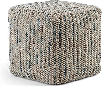 Zoey Cube Pouf – 18 inch Wide Upholstered Wool and Cotton Ottoman in Multi-Color, Boho Woven Footstool or Extra Seating for Living Room, Bedroom, or Kids Room, Assembled