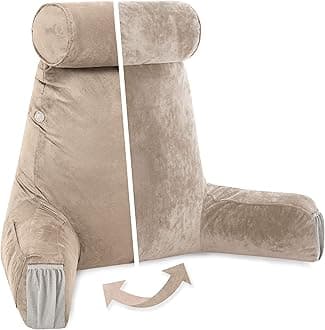 Medium Aspen Edition Cowboy Taupe, Sit Up Reading & Bed Rest with Arms, Ultra-Comfy, Detach Neck Roll - Premium Shredded Memory Foam Backrest, Reverses to Micro: Suede or Plush