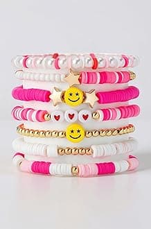 7Pcs Combo Latest Stylish Beach Surfer Bracelets Set | Colorful Preppy Heishi Bracelet | Multilayer Boho Happy Smile Heart Star Stretch Beaded Bracelets | Evil Eye Stackable Beaded Bracelets | Y2K Pearl Bracelets Set for Women Girls Teens
