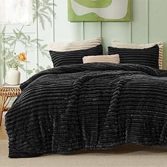 Comforter Set Queen Size - GentleSoft™ 3 Pieces Double-Side Fleece Fluffy Black Comforter Set, Cozy Striped Room Decor Aesthetic, Luxury Bedding Queen Size, 2 Pillowcases, 90x90 Inches