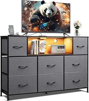 WLIVE Grey Dresser TV Stand for 45, 50, 55 inch TV, Entertainment Center with LED Lights & Charging Station, Chest of Drawers with 8 Fabric Drawers and Open Storage Shelves for Living Room, Hallway