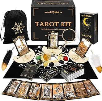 Tarot Cards with Guide Book, 78 Black Tarot Deck Set with Table Cloth, Chakra Stones, Velvet Bag and More, Classic Tarot Cards for Beginners Kit, Fortune Telling Game