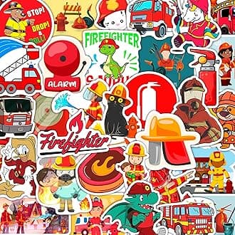 BulbaCraft Firefighter Stickers for Kids, 100Pcs Vinyl Decals, Waterproof, Reusable, Party Favors, School Supplies, Fire Truck Theme, Unisex