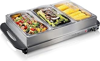 NutriChef Server and Food Warmer - 3-Tray Buffet Server and Hotplate Easy to Clean Stainless Steel Portable Tabletop Electric Food Warming Tray with 175°F Max Temp - Great for Parties & Events - AZPKBFWM33