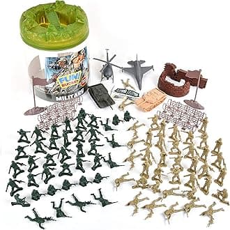 Sunny Days Entertainment Military Battle Group Bucket Over 100 Assorted Soldiers and 20 Accessories Toy Play Set for Kids, Boys and Girls | Plastic Army Men Figures with Storage Container