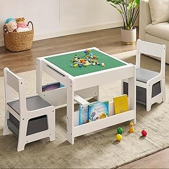 Kids Table and Chair Set, 3 in 1 Wooden Activity Table with Storage Drawer for Toddlers Drawing, Reading, Crafts, 2 in 1 Detachable Tabletop Table Set for Nursery, Playroom (Gray & White)