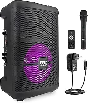 Pyle Portable Bluetooth PA Speaker-240W 8” Rechargeable Indoor/Outdoor BT Karaoke Audio System-TWS, Party Lights, LED Display, FM/AUX/MP3/USB/SD, 6.5mm in, Carry Handle-Wireless Mic, Remote Control