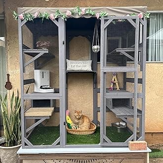 Cat House Outdoor Catio Kitty Enclosure with Super Large Enter Door,Wooden Cat Cage Condo Indoor Playpen with Platforms,Small House,70 Inch