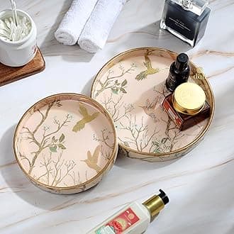 DULI Set of 2 MDF Wood Trays Enamel Coated| Round Trays Set of 2 | Serving Trays | Wooden Tray | Kitchen&Dining Decorative | Resin Tray | Handmade | 7x7 & 9x9 inches (Setof2Round: PinkGoldBirds)