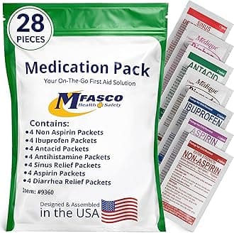 MFASCO - 7 in 1 - Travel Size Medicine Kit - TSA Approved | 28 First Aid Emergency OTC Medicine Packets for Cruise & International Travel | Compact Med Refill for Traveling & Office Assembled in USA