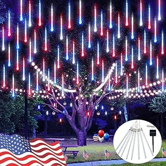 JMEXSUSS Red White and Blue Solar Lights, 8 Tube 144 LEDs Patriotic Solar Meteor Shower Lights Waterproof for Independence Day, Gardens, Tree, Outdoor 4th of July Decorations