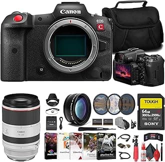 Canon EOS R5 C Mirrorless Cinema Camera (5077C002) + Canon 70-200mm Lens (3792C002) + Sony 64GB Tough SD Card + Filter Kit + Color Filter Kit + Lens Hood + Bag + LPE6 Battery + More