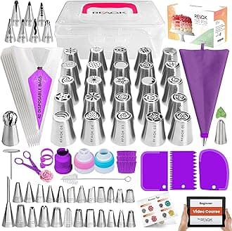 RFAQK 150PCs Russian Piping Tips Complete Set - Cookie,Cupcake Decorating Supplies Kit -Cake Piping Tips Set(24 Icing Tips+25 Russian+7 Ruffle+Leaf&Ball+41 Pastry Bags+EBook)