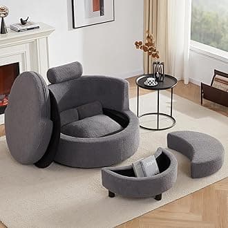 39.8” Swivel Accent Barrel Chair with Storage, Oversized Round Chairs with Half Moon Ottoman, Swivel Barrel Chaise Lounge Indoor with Neck Support Pillow, Barrel Chairs for Living Room, Grey