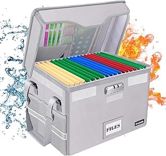 Fireproof Document Box with Lock,File Storage Organizer with Zipper Pockets,Collapsible Portable File Box Home Office Safe Filing Cabinet with Handle for Hanging Letter/Legal Folder,Silver