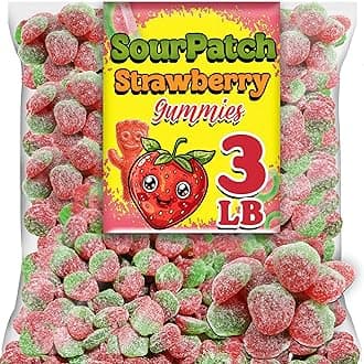 Strawberry Soft & Chewy Candy, 3 Lbs Bulk Candy, Red and Green Strawberry Flavored Sour Gummy Candy for Kids, Snacking and Movie Nights