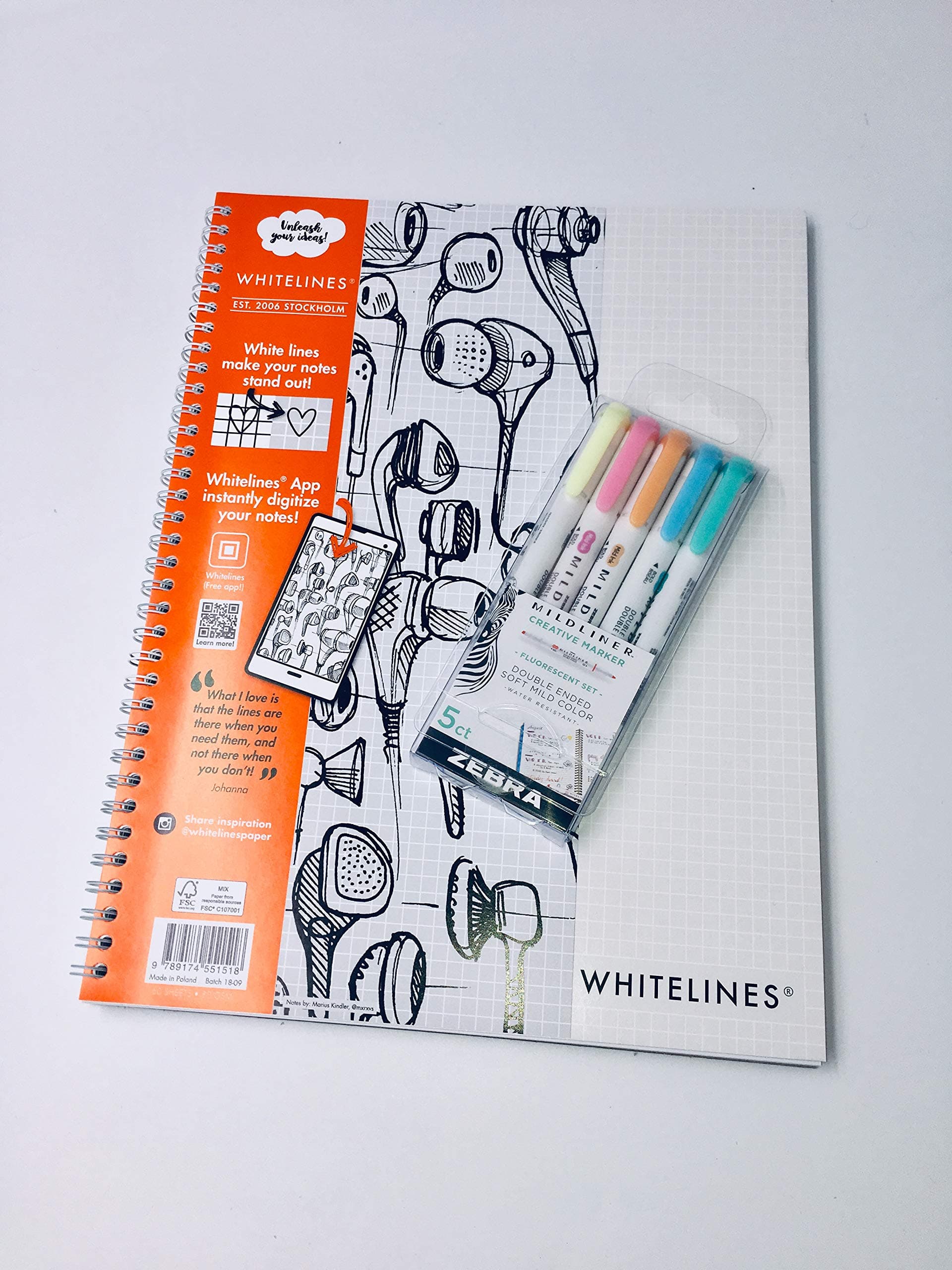 Whitelines Link A4 Squared Notebook 80gsm Paper (Pack 1 Notebook + Pk5 Zebra MILDLINERS)