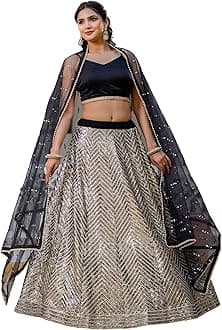 TRENDMALLS Women's Georgette Sequence Work Lehenga Choli with Dupatta (L262-Black-Semi-Stitch)
