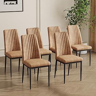 Brown Dining Chairs Set of 6, Comfortable Dining Room Chair, Metal Kitchen Chairs with Suede Fabric and High Back, Sillas para Comedor Set de 6 for Living Room (BR-6)