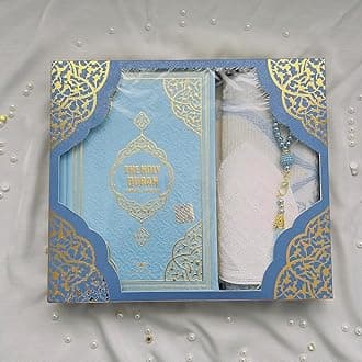 Decoret English Translate Thermo Leather Covered Quran, Tafta Prayer Mat and Breads Set |Quran Size:8x5.5x1.2 İnch / 20x14x3cm | Great Ramadan Gifts for Muslim Men and Women Gift(Blue, 1 Sets)