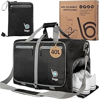 Bago Compact Duffle Bag for Travel Women & Men. Durable Lightweight Foldable Travel Duffel Bags For Traveling Women. 40L Duffle Bags a Reliable Weekender duffel or Overnight Bag With Shoe Compartment