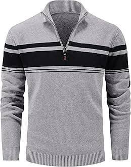 MAGCOMSENMen's Sweaters 1/4 Zip Up Casual Striped Pullover Polo Sweaters Fall Winter Sweatshirts, Clothing Clothes for Men, Light Grey, M