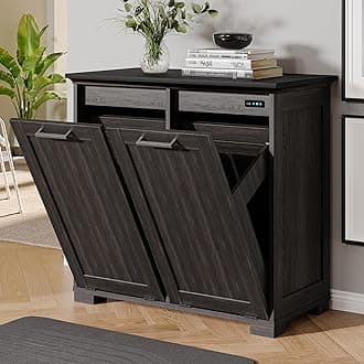 Tilt Out Trash Cabinet Wooden, Double Door 2x10 Gallons, Espresso Finish+Black Top Panel