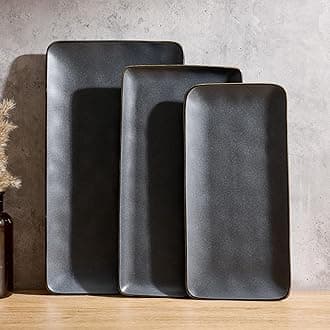 Famiware Serving Platter, Rectangular 15.67/14.1/12.6inch Serving Dishes for Entertaining, Dishwasher Safe, Stoneware Serving Trays for Party, Food, Turkey, Cheese, Reactive Glaze, Matte Dark Charcoal