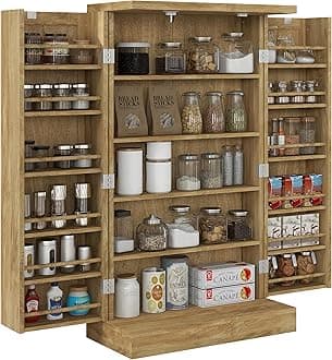 HOMCOM 41" Kitchen Pantry Storage Cabinet, Freestanding Kitchen Cabinet with 12 Door Shelves, Double Doors, 5-Tier Shelving and Adjustable Shelves, Natural