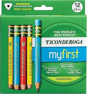Ticonderoga My First Short Triangular Wood-Cased Pencils, 2 HB Soft, With Erasers, Primary Colors, 12 Count