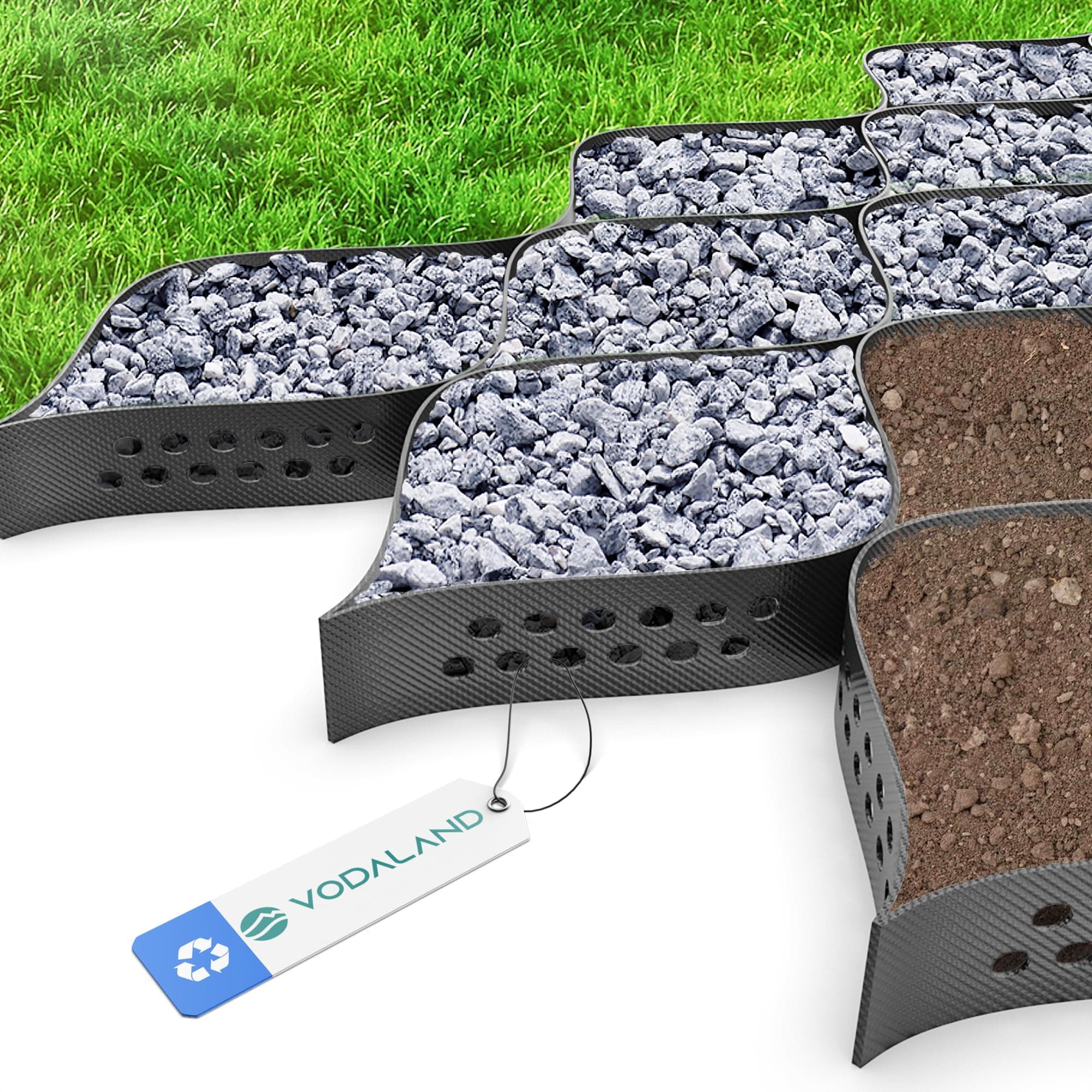 Vodaland - 2" GeoCell - 100% Permeable for Walking Paths, Patios and Erosion Control, Size 9 ft x 17 ft Black