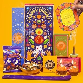 Phool Diwali Delight Gift Box | Premium Festive Hamper with Dry Fruits, Cones, Mithai Candles, Incense Sticks,Panchmeva, Wooden Laxmi Charan & Greeting Card | Diwali Gift for Family & Friends
