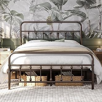 Classic Metal Platform Bed Frame Mattress Foundation with Victorian Style Iron-Art Headboard/Footboard/Under Bed Storage/No Box Spring Needed/Queen Size Bronze