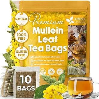 FreshDrinkUS, Premium 10 Mullein Leaf Tea Bags For Lungs, 100% Natural & Pure from Mullein Leaves. Loose Leaf Mullein Herbal Tea. Made with Natural Material Tea Bags. No Sugar, No Caffeine, No Gluten