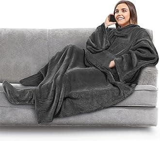 PAVILIA Fleece Blanket with Sleeves and Foot Pockets for Adult Women, Men | Wearable Fleece Throw Wrap, Warm, Cozy, Extra Soft for Sofa Couch Lounging Gaming (Charcoal)