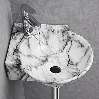 REMANENCE Wall Mounted Wash Basin for Bathroom | Ceramic Wash Basin Wall Hung Small Corner Wash Basin/Sink (16.3 x 13.8 x 4.3 Inch) (White Black Stripe)