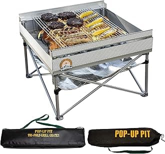 Pop-Up Fire Pit | Portable Outdoor Fire Pit and BBQ Grill | Packs Down Smaller than a Tent | Two Carrying Bags Included | Large Grilling Area (Fire Pit, Heat Shield, and Tri-Fold Grill Included)