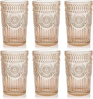 Kingrol 6 Pack 12 oz Colored Drinking Glasses, Premium Glassware Set for Water, Juice, Beverages, Cocktail - Romantic Embossed Design - for Wedding Party, Daily Use