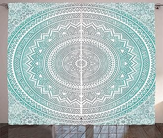 Ambesonne Grey and Aqua Curtains, Ombre Traditional Universe with Tribal Geometric Mandala Art, Living Room Bedroom Window Drapes 2 Panel Set, 108" X 84", Aqua Grey