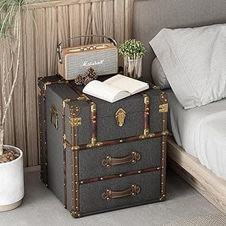 Vintage Storage Chest with Buckle Hinged Top, Linen Accent End Side Table for Living Room, Office, Bedroom, Rectangle, Grey