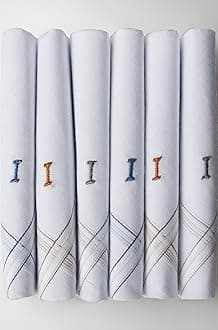 Caruso Italy Men's Initial Monogram (A-Z) Embroidery 100% Pure Cotton Handkerchief White Base With Colored Border - Pack Of 6